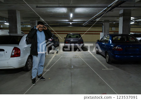 Person in Underground Parking Garage Figure Out of Stolen Car Person in Underground Parking Garage Figure Out of Stolen Car 123537091