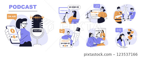 Podcast concept set in flat web design. People in isolated scenes record audio interview or online show, host and guest talking in microphones, speakers at headphones in studio. Vector illustrations. Podcast concept set in flat web design. People in isolated scenes record audio interview or online show, host and guest talking in microphones, speakers at headphones in studio. Vector illustrations. 123537166