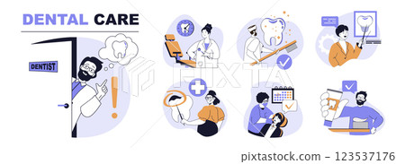 Dental care concept set in flat web design. People in isolated scenes suffering visiting dentist for teeth checkup, get oral hygiene, treatment and prevention tooth procedure. Vector illustrations. 123537176