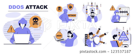 DDoS attack concept set in flat web design. People in isolated scenes suffering from danger overload network traffic and trying protection form hacker digital bombs and viruses. Vector illustrations. 123537187