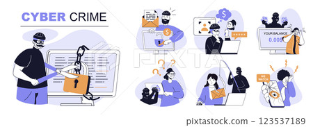Cyber crime concept set in flat web design. People in isolated scenes suffering from stealing data and hacking credit cards, phishing passwords, hackers attack and spy online. Vector illustrations. 123537189