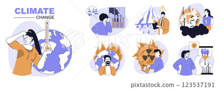 Climate change concept set in flat web design. People in isolated scenes suffering from hot temperature, toxic industry pollution, melting glaciers, wildfire and radiation risk. Vector illustrations. Climate change concept set in flat web design. People in isolated scenes suffering from hot temperature, toxic industry pollution, melting glaciers, wildfire and radiation risk. Vector illustrations. 123537191