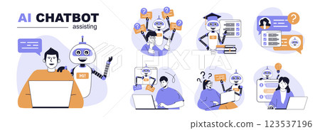 AI chatbot assisting concept set in flat web design. People in isolated scenes talking with artificial intelligence advisers, searching and getting answers, connecting with bots. Vector illustrations. 123537196