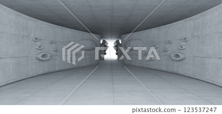 Abstract architectural minimalistic background. Contemporary showroom. Modern concrete exhibition tunnel. Empty gallery. Backlight. 3D illustration and rendering. Abstract architectural minimalistic background. Contemporary showroom. Modern concrete exhibition tunnel. Empty gallery. Backlight. 3D illustration and rendering. 123537247