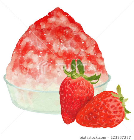 一碗鬆軟的刨冰,配上草莓糖漿和兩顆草莓 一碗鬆軟的刨冰,配上草莓糖漿和兩顆草莓 123537257
