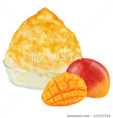 A bowl of fluffy shaved ice with mango syrup, one mango and one chopped mango 123537258