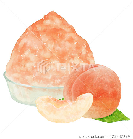 一碗鬆軟的刨冰,配上桃子糖漿和一片桃子 一碗鬆軟的刨冰,配上桃子糖漿和一片桃子 123537259