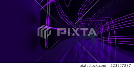 Abstract architectural minimalistic background. Laser show in the ultraviolet spectrum. Modern  impulse tunnel. Futuristic space sci-fi frame neon backlight. 3D illustration and rendering. 123537287