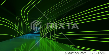 Abstract architectural minimalistic background. Laser show in the ultraviolet spectrum. Modern  impulse tunnel. Futuristic space sci-fi frame neon backlight. 3D illustration and rendering. 123537289