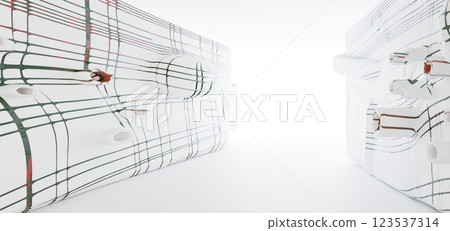 Luxury parametric abstract architectural minimalistic background. Contemporary showroom. Modern colored glass exhibition tunnel. Empty gallery. Backlight. 3D illustration and rendering. Luxury parametric abstract architectural minimalistic background. Contemporary showroom. Modern colored glass exhibition tunnel. Empty gallery. Backlight. 3D illustration and rendering. 123537314