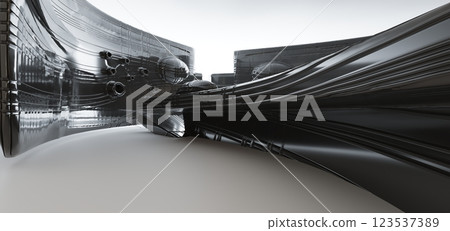 Luxury parametric abstract architectural minimalistic background. Contemporary showroom. Modern black exhibition tunnel. Empty gallery. Stand, table. Interior backlight. 3D illustration and rendering. Luxury parametric abstract architectural minimalistic background. Contemporary showroom. Modern black exhibition tunnel. Empty gallery. Stand, table. Interior backlight. 3D illustration and rendering. 123537389