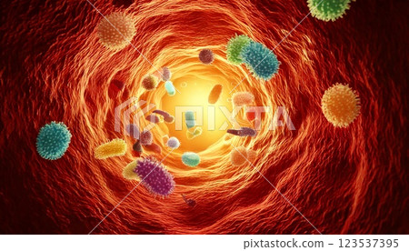 3D illustration of the intestinal flora, showing colorful and diverse intestinal bacteria floating around in the intestines 123537395