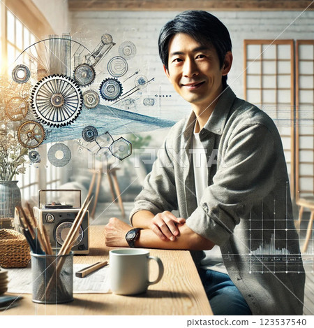A middle-aged Japanese male inventor in his 40s to 50s A middle-aged Japanese male inventor in his 40s to 50s 123537540