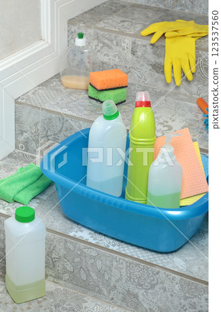Household cleaning products and items for cleaning tile in house. Cleaning and cleanliness. Household cleaning products and items for cleaning tile in house. Cleaning and cleanliness. 123537560