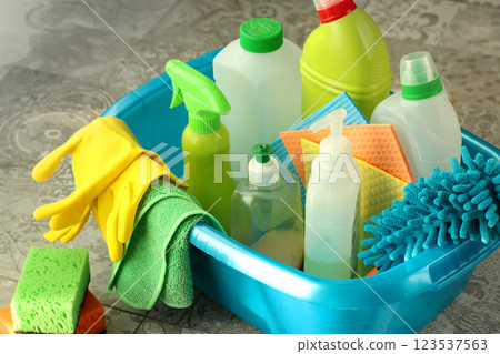 Household cleaning products and items for cleaning tile in house. Cleaning and cleanliness. Household cleaning products and items for cleaning tile in house. Cleaning and cleanliness. 123537563