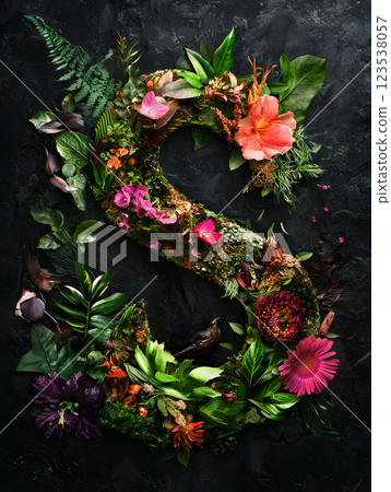 Floral tropical letter S with palm leaves and flowers. floral monogram for design 123538057