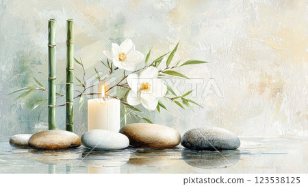 A serene composition featuring bamboo stalks, white flowers, smooth spa stones, and a burning candle, creating a peaceful and zen-inspired atmosphere. 123538125