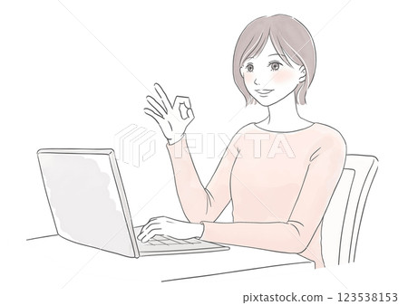 Watercolor illustration of a woman smiling and saying OK at a computer while working remotely 123538153