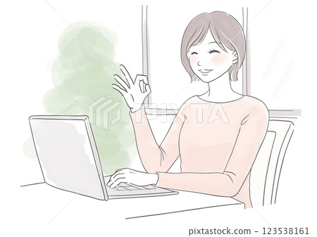 Watercolor illustration of a woman smiling and saying OK at a computer while working from home Watercolor illustration of a woman smiling and saying OK at a computer while working from home 123538161