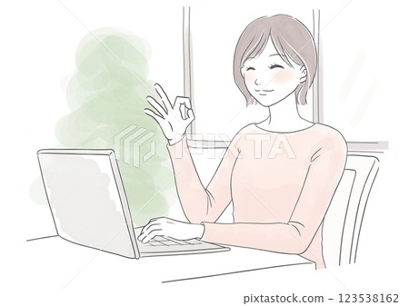Watercolor illustration of a woman smiling and saying OK at a computer while working from home Watercolor illustration of a woman smiling and saying OK at a computer while working from home 123538162