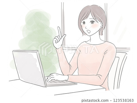 Watercolor illustration of a woman talking in distress at a computer while working from home 123538163