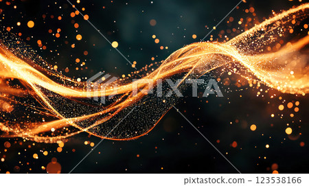 Glowing golden light waves and sparkling particles swirl against a dark background, creating a dynamic and futuristic abstract composition. 123538166