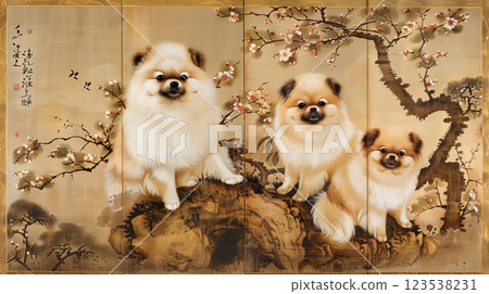 日式風格的博美犬圖案 日式風格的博美犬圖案 123538231