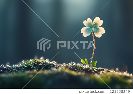 serene macro shot of a four-leaf clover with morning dew, bathed in soft sunlight.  123538249
