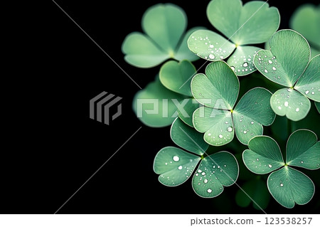 close-up macro shot of lush green clover leaves adorned with sparkling dewdrops.  123538257