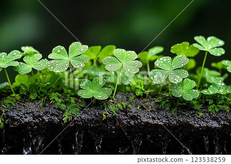 close-up of vibrant green clover leaves with dew drops,  123538259