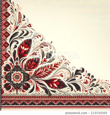 Ukrainian Folk Art Background with Embroidery Border and Space for Text 123538305