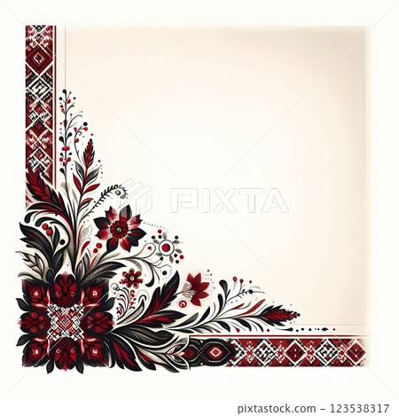 Ukrainian Folk Art Background with Embroidery Border and Space for Text 123538317