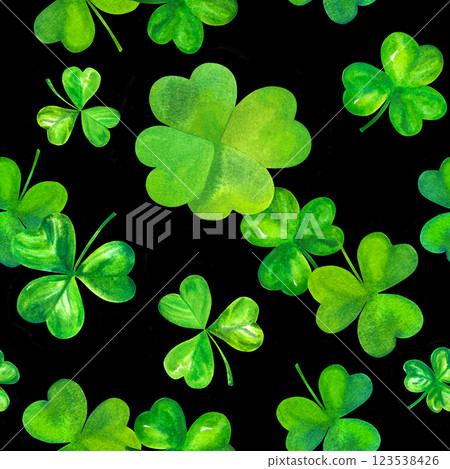 Seamless watercolor pattern for St Patrick's day, shamrocks and a clover 123538426
