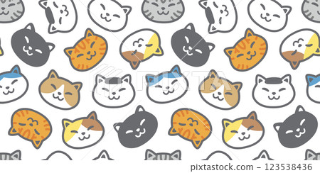 cat seamless pattern smiling face head kitten calico cartoon doodle pet tile background gift wrapping paper repeat wallpaper illustration 123538436