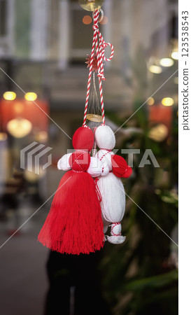 Martenitsa, red and white coloured figurines. Spring decoration, amulet of wool, threads, is tied on first day of March. Symbol of health, happiness, protection from evil eye, damage, evil spirits 123538543