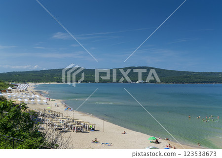Sunny beach with sand dunes and blue sky in Bulgaria Sunny beach with sand dunes and blue sky in Bulgaria 123538673