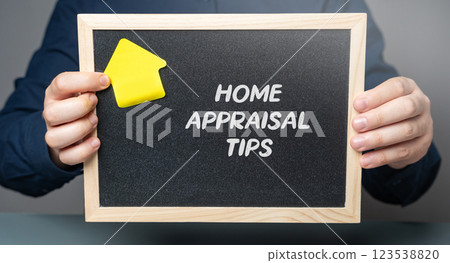 Home Appraisal tips concept. Strategies and best practices homeowners can use to maximize the assessed value of their property during a professional appraisal. Notes and house in male hands Home Appraisal tips concept. Strategies and best practices homeowners can use to maximize the assessed value of their property during a professional appraisal. Notes and house in male hands 123538820