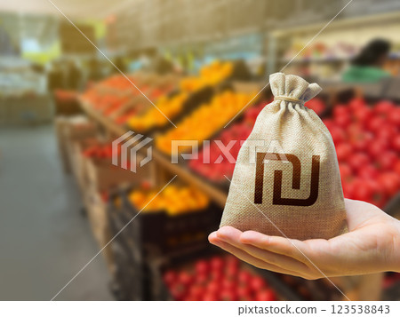 Israeli shekel money bag on the background of a grocery store counter with fresh organic vegetables and fruits. Concept of cost of goods and food products. Grocery set. Import and export Israeli shekel money bag on the background of a grocery store counter with fresh organic vegetables and fruits. Concept of cost of goods and food products. Grocery set. Import and export 123538843