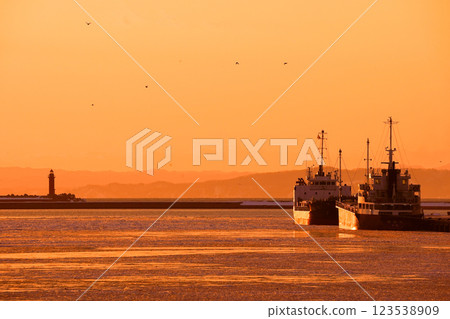 Harbor and ships at sunset Harbor and ships at sunset 123538909