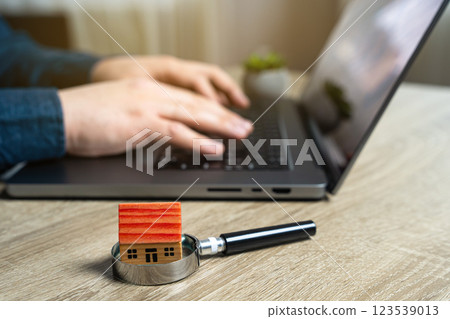 The concept of searching for housing via the Internet. Find an apartment for rent online. Property valuation and realtor services. House and magnifying glass and man with laptop. 123539013