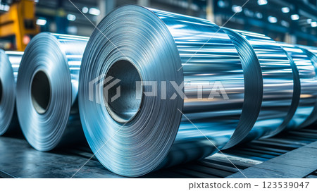 Futuristic metal rolling factory, displaying large, highly reflective aluminum rolls 123539047