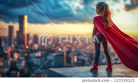 一個身穿紅色斗篷、腳穿紅色靴子的勇敢女孩站在屋頂邊緣 一個身穿紅色斗篷、腳穿紅色靴子的勇敢女孩站在屋頂邊緣 123539125