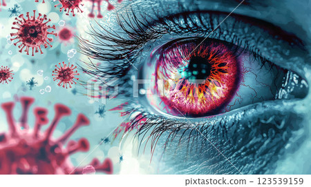 Close up of human eye with vibrant red iris surrounded by avian flu virus particles, symbolizing conjunctivitis 123539159