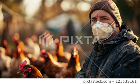 Avian flu protection concept. Farmer wearing protective mask stands among chickens in outdoor farm setting 123539161