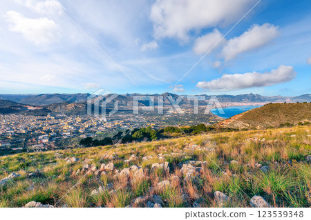 Panoramic view of Bagheria and Palermo towns and national park Orientata Pizzo Cane. Panoramic view of Bagheria and Palermo towns and national park Orientata Pizzo Cane. 123539348