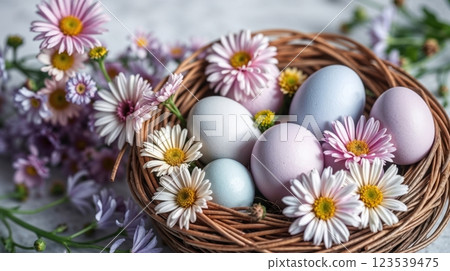 wicker nest filled with pastel-colored Easter eggs wicker nest filled with pastel-colored Easter eggs 123539475