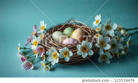 wicker nest filled with pastel-colored Easter eggs wicker nest filled with pastel-colored Easter eggs 123539476
