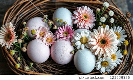 wicker nest filled with pastel-colored Easter eggs 123539526