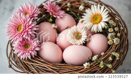 wicker nest filled with pastel-colored Easter eggs wicker nest filled with pastel-colored Easter eggs 123539527
