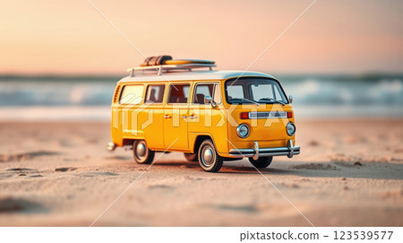 A miniature yellow bus, surfboard on roof A miniature yellow bus, surfboard on roof 123539577
